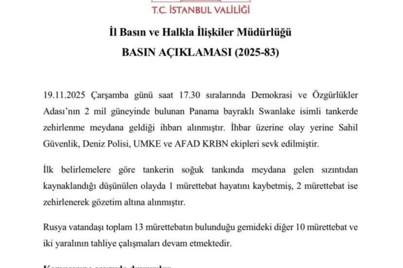 Tanker gemisinde zehirlenme vakası: 1 ölü