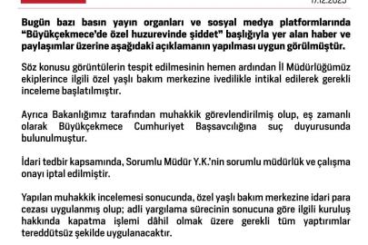 Aile ve Sosyal Hizmetler Bakanlığı: (Huzurevinde şiddet) "Özel yaşlı bakım merkezine ivedilikle intikal edilerek gerekli inceleme başlatılmıştır"