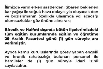 Şanlıurfa’da eğitime kar tatili