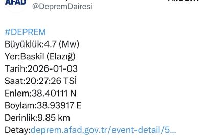 Elazığ’da 4.7 büyüklüğünde deprem